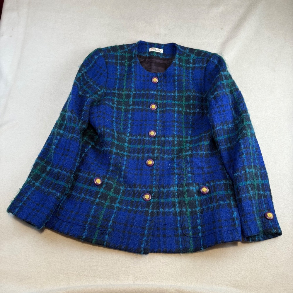 Talbots Vintage Wool Plaid Blazer Blue Green Collarless Button Front Jacket